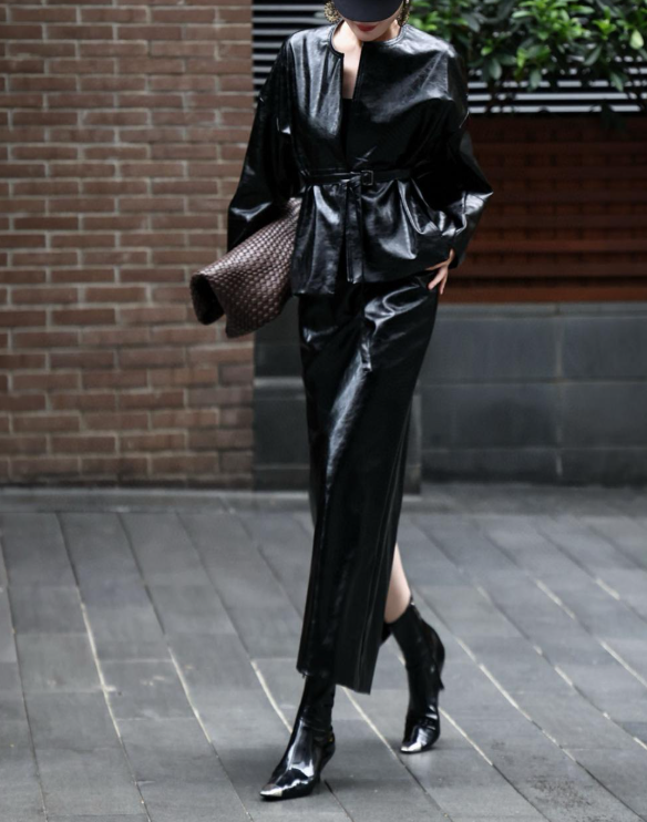 leather peplum set with fitted maxi skirt – VELVORA