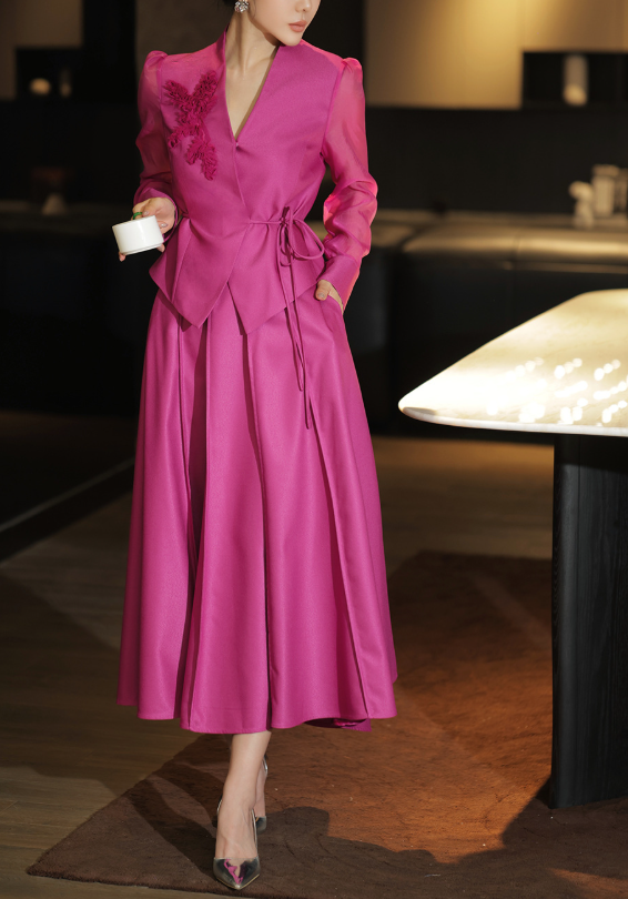 pleated satin suit with sheer sleeves – FUCHSIA BLOOM