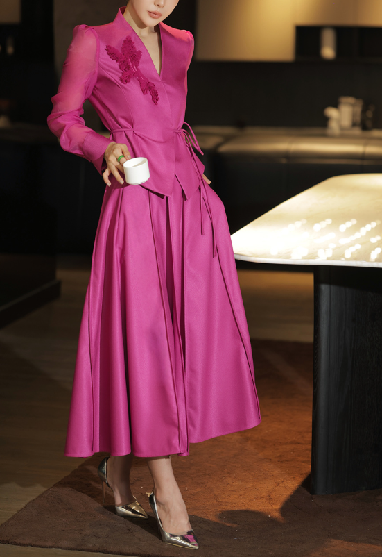 pleated satin suit with sheer sleeves – FUCHSIA BLOOM