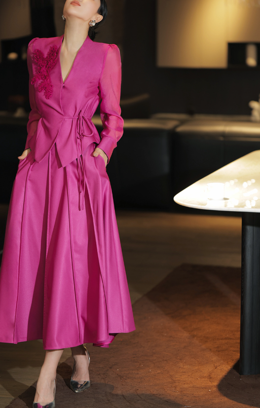 pleated satin suit with sheer sleeves – FUCHSIA BLOOM