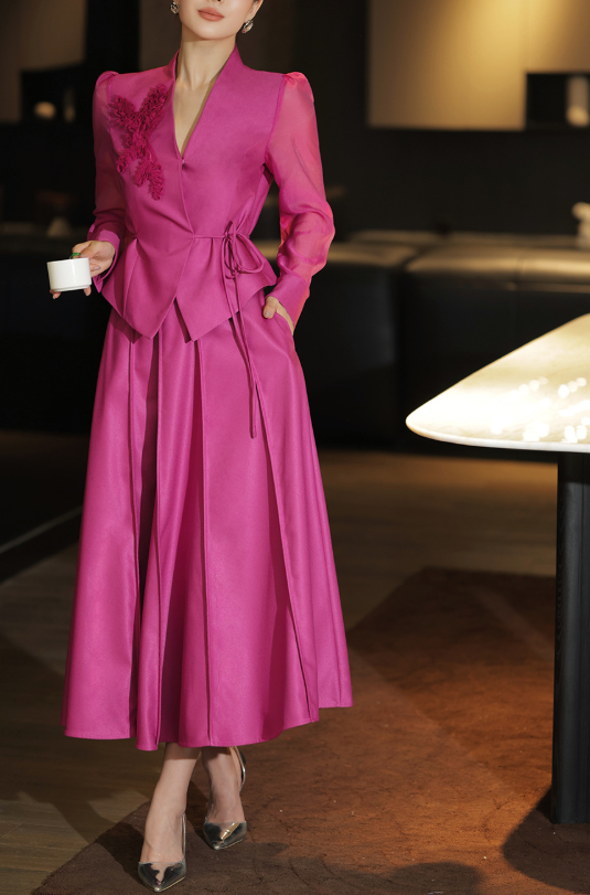 pleated satin suit with sheer sleeves – FUCHSIA BLOOM