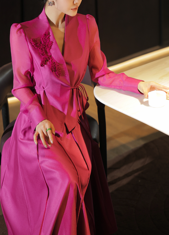 pleated satin suit with sheer sleeves – FUCHSIA BLOOM