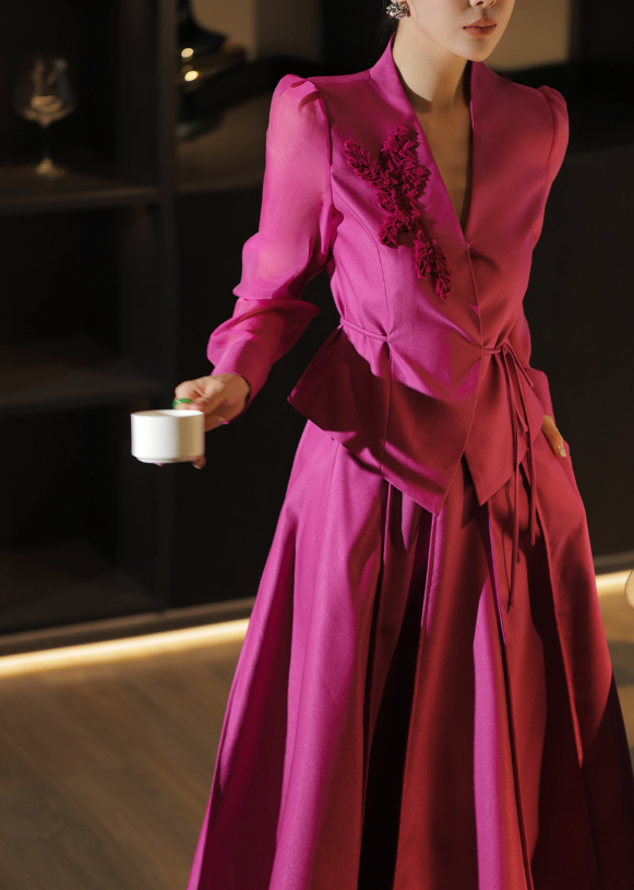 pleated satin suit with sheer sleeves – FUCHSIA BLOOM
