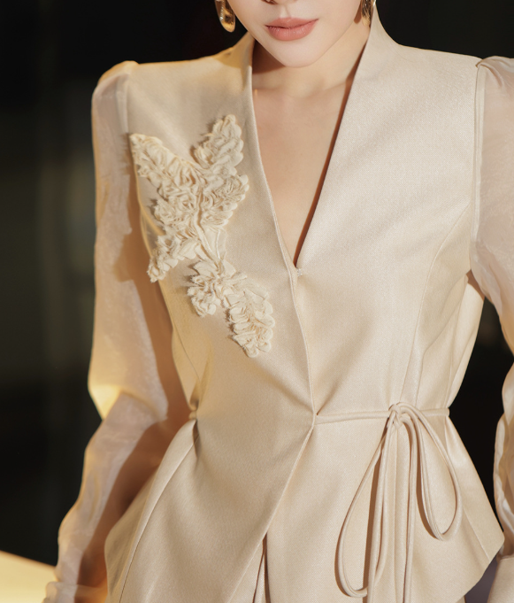 pleated satin suit with sheer sleeves – FUCHSIA BLOOM