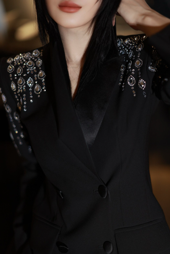 embellished satin-lapel suit with crystal sleeves – OPAL GLINT