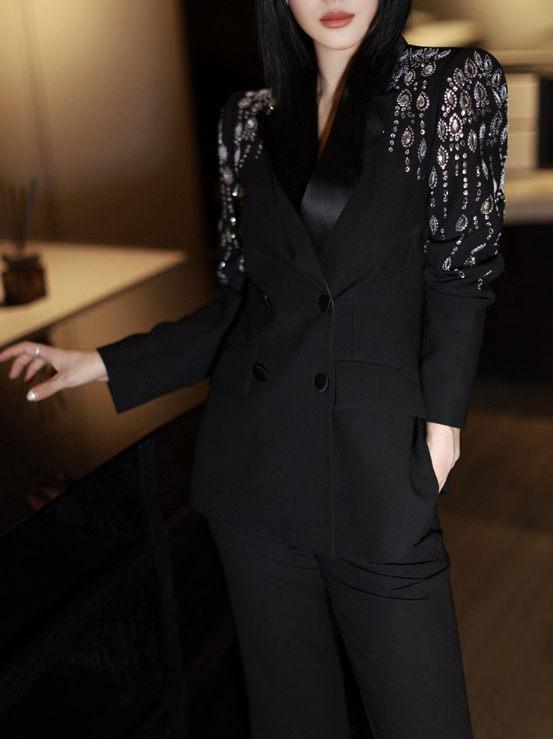 embellished satin-lapel suit with crystal sleeves – OPAL GLINT