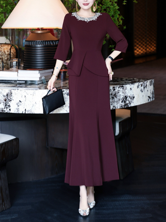 peplum evening dress with embellished neckline – MERLOT