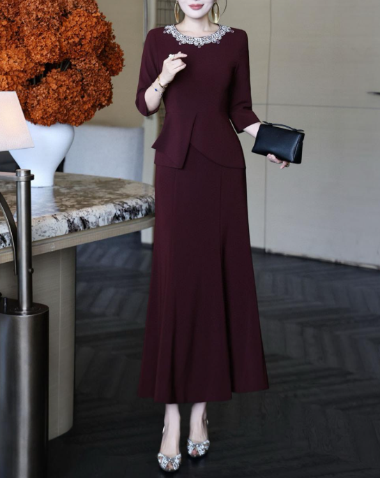 peplum evening dress with embellished neckline – MERLOT