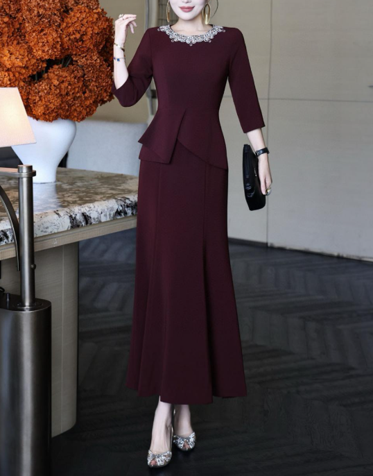 peplum evening dress with embellished neckline – MERLOT