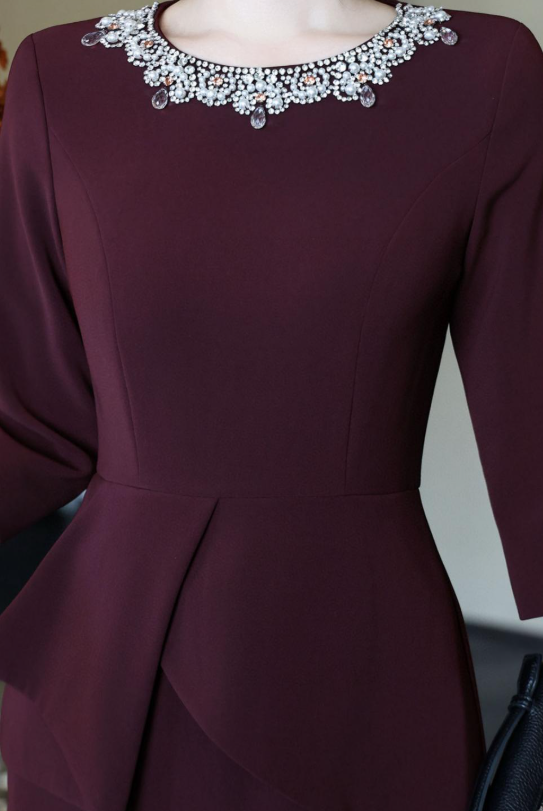 peplum evening dress with embellished neckline – MERLOT