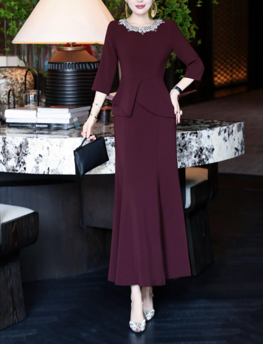 peplum evening dress with embellished neckline – MERLOT