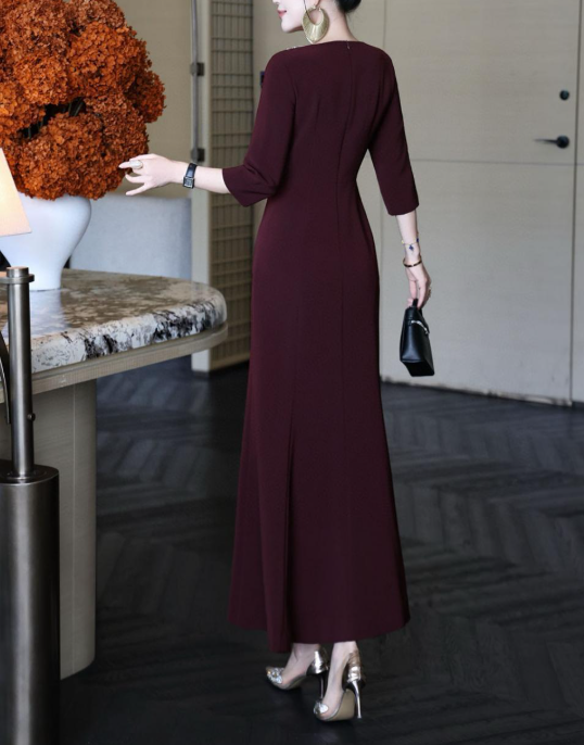 peplum evening dress with embellished neckline – MERLOT