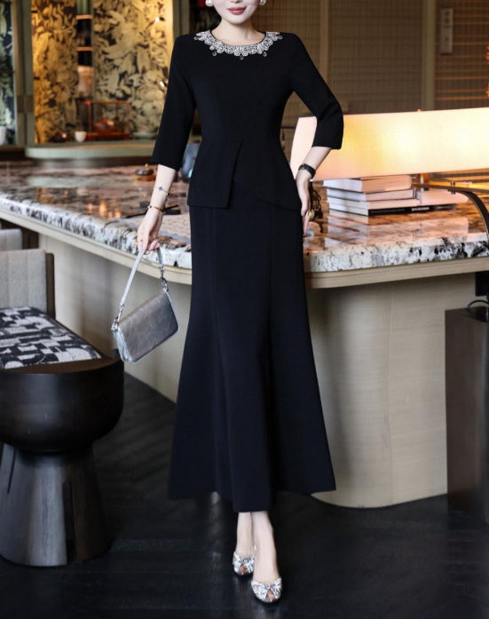 peplum evening dress with embellished neckline – MERLOT