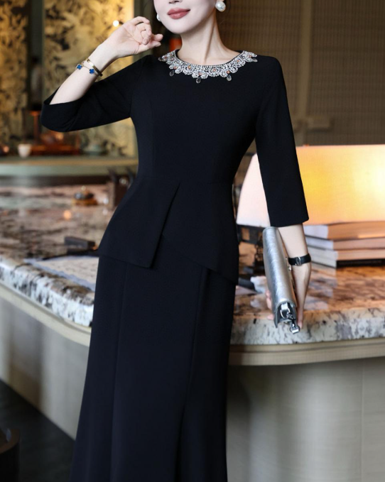 peplum evening dress with embellished neckline – MERLOT