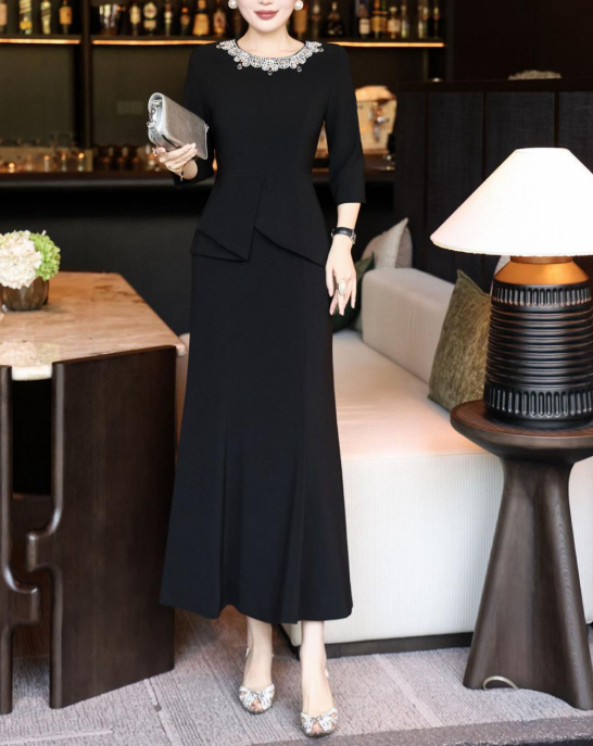 peplum evening dress with embellished neckline – MERLOT