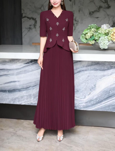 pleated maxi dress with embellished bodice – AUBERGINE