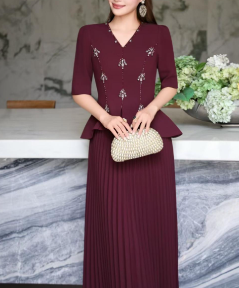 pleated maxi dress with embellished bodice – AUBERGINE