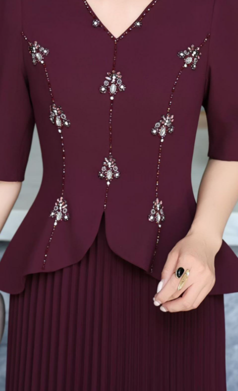 pleated maxi dress with embellished bodice – AUBERGINE