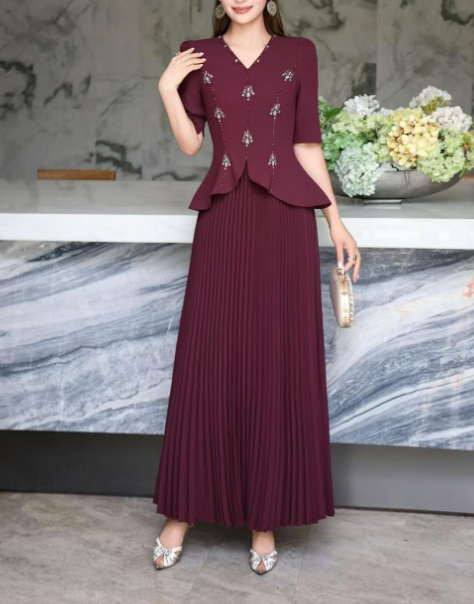 pleated maxi dress with embellished bodice – AUBERGINE