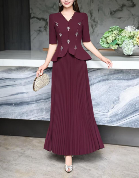 pleated maxi dress with embellished bodice – AUBERGINE