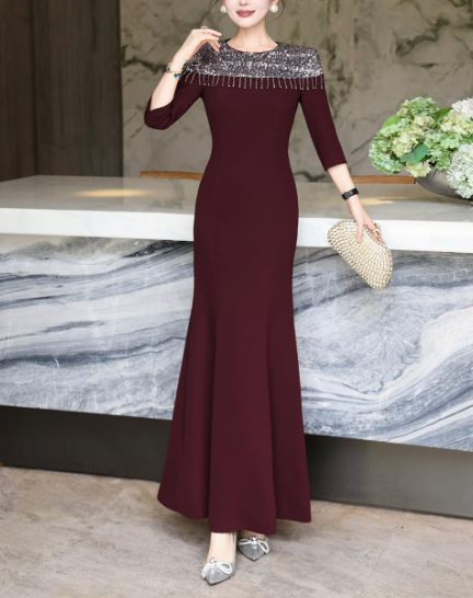 embellished neckline gown with draped fit – LUSTRE