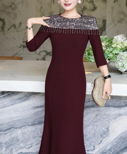 embellished neckline gown with draped fit – LUSTRE