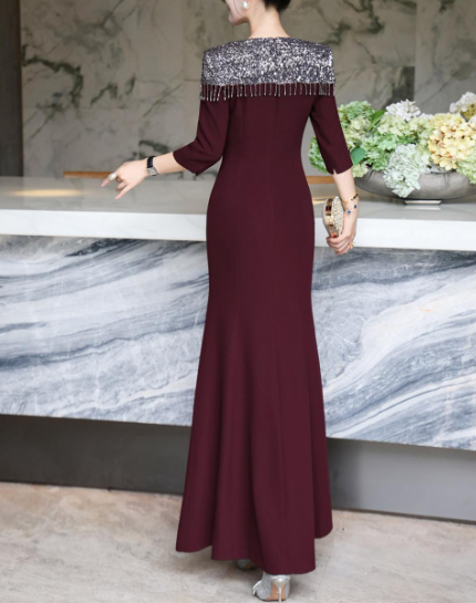 embellished neckline gown with draped fit – LUSTRE