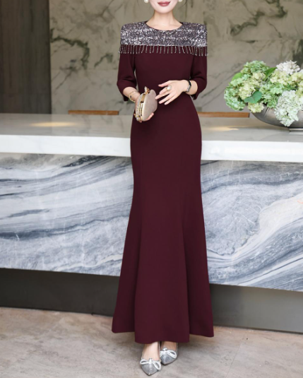 embellished neckline gown with draped fit – LUSTRE