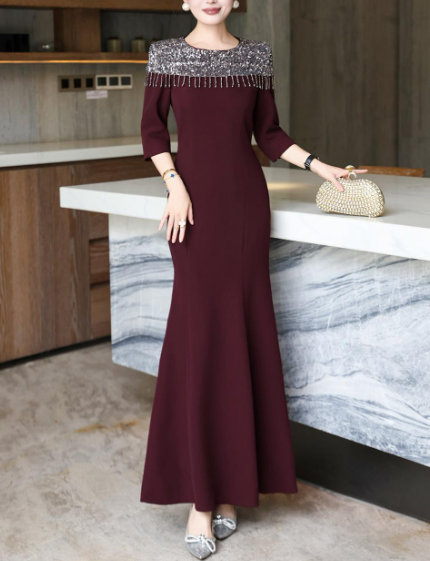 embellished neckline gown with draped fit – LUSTRE