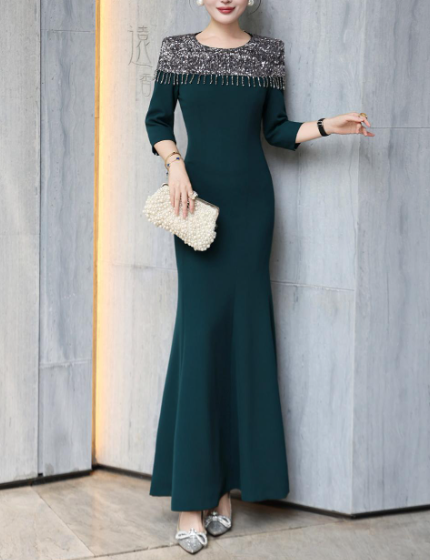 embellished neckline gown with draped fit – LUSTRE