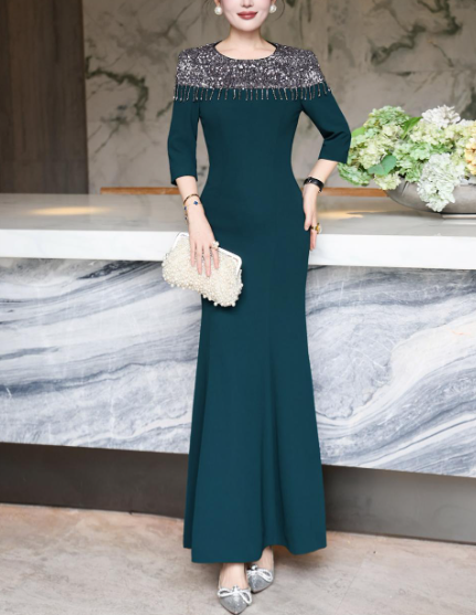 embellished neckline gown with draped fit – LUSTRE