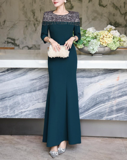 embellished neckline gown with draped fit – LUSTRE