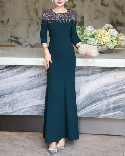 embellished neckline gown with draped fit – LUSTRE