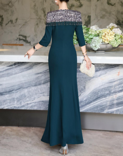 embellished neckline gown with draped fit – LUSTRE