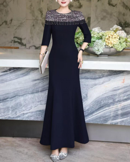 embellished neckline gown with draped fit – LUSTRE