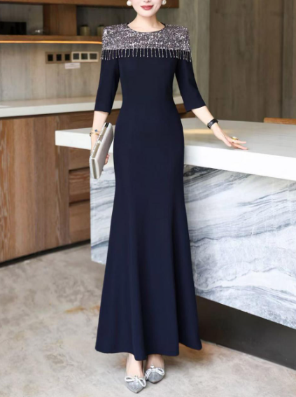 embellished neckline gown with draped fit – LUSTRE