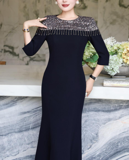 embellished neckline gown with draped fit – LUSTRE