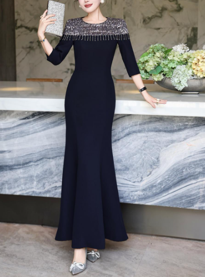 embellished neckline gown with draped fit – LUSTRE