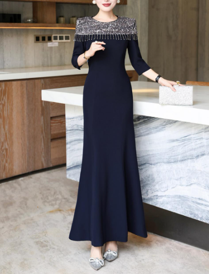 embellished neckline gown with draped fit – LUSTRE