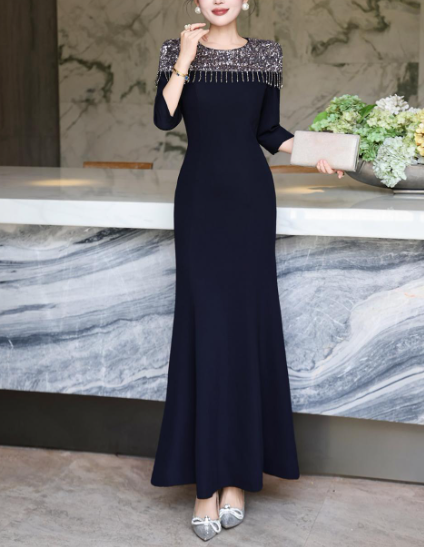 embellished neckline gown with draped fit – LUSTRE