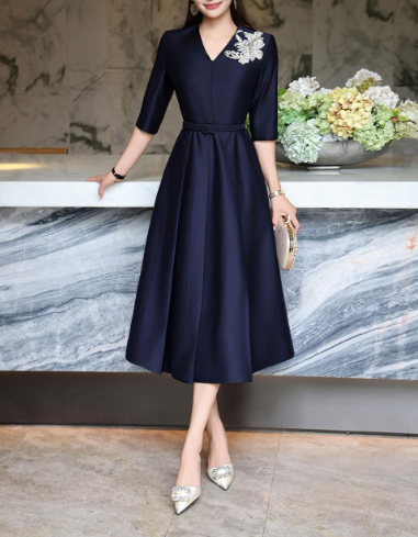 elegant A-line dress with embellished shoulder – MIDNIGHT