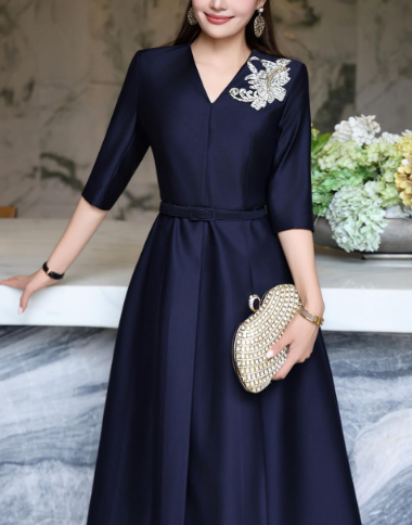 elegant A-line dress with embellished shoulder – MIDNIGHT