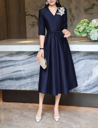 elegant A-line dress with embellished shoulder – MIDNIGHT