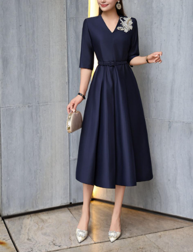 elegant A-line dress with embellished shoulder – MIDNIGHT