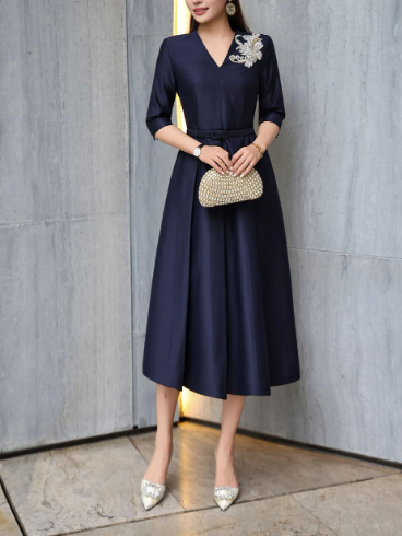 elegant A-line dress with embellished shoulder – MIDNIGHT