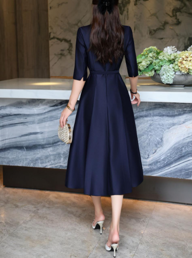 elegant A-line dress with embellished shoulder – MIDNIGHT