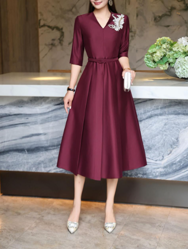 elegant A-line dress with embellished shoulder – MIDNIGHT