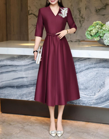 elegant A-line dress with embellished shoulder – MIDNIGHT