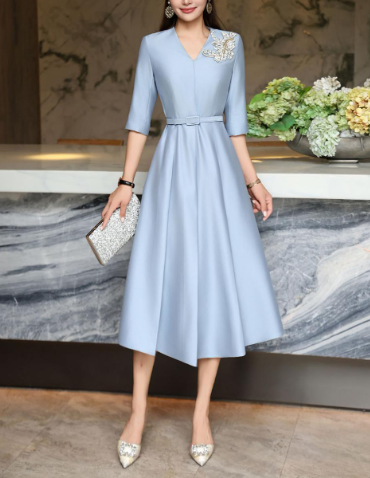 elegant A-line dress with embellished shoulder – MIDNIGHT