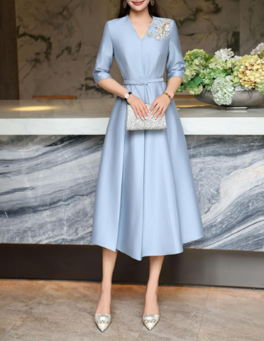 elegant A-line dress with embellished shoulder – MIDNIGHT